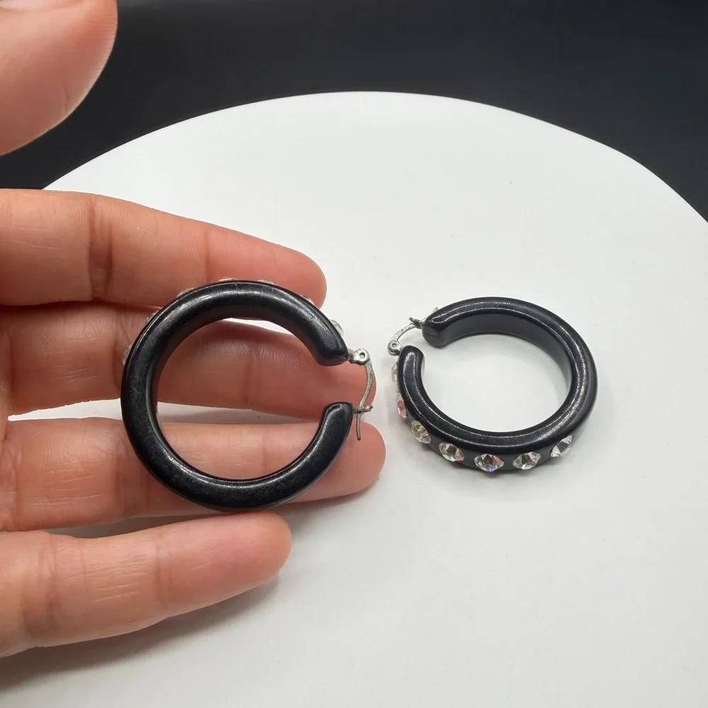 Black Chunky Hoop Earrings Clear Rhinestone Statement Y2K Glam Sparkle Pierced